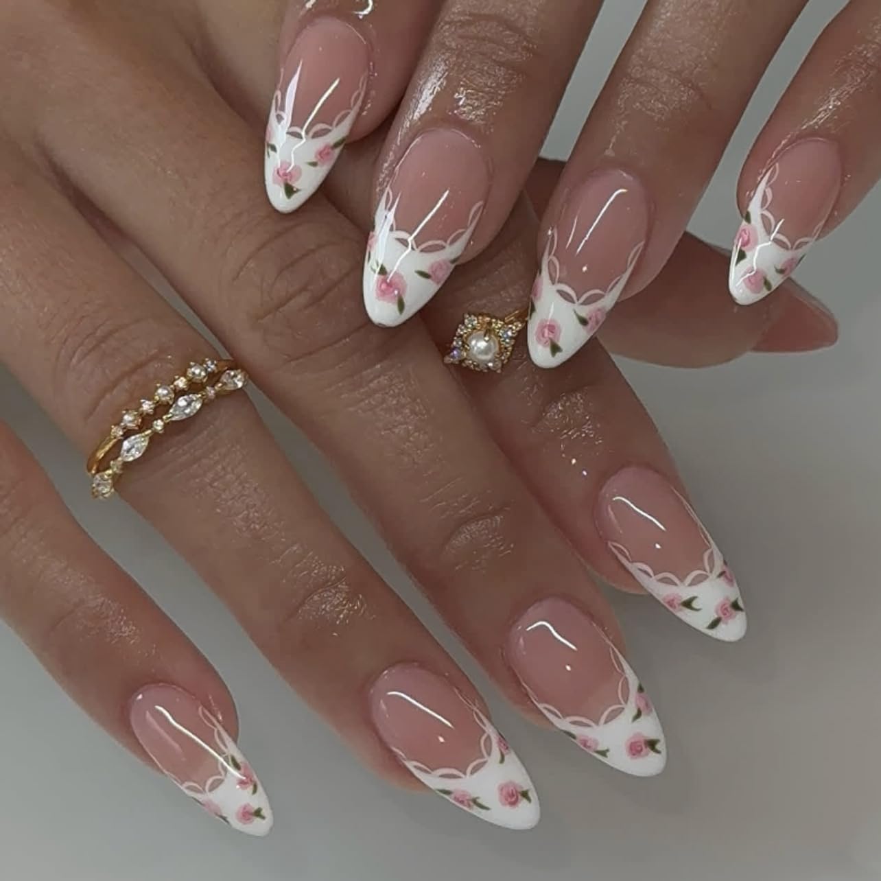 French Tip Press on Nails Medium Almond Fake Nails Lace Flowers False Nails Spring Glue on Nails Cute Acrylic Nails Glossy Full Cover Stick on Nails for Women Manicure Nails Decoration