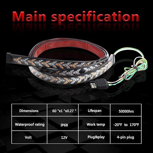 Miniatura 5 de Arrow - Tira de luz para puerta trasera de camión de 60 pulgadas, 528 LED, luz estroboscópica de freno rojo secuencial ámbar