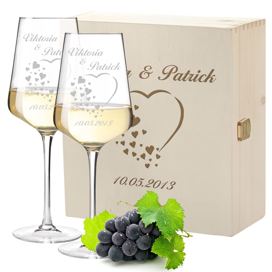 3-tlg Wein-Set mit personalisierter Wunschgravur - Motiv Herz mit kleine Herzen - 2x Leonardo Weißweingläser Puccini 560 ml, 1x Holzkiste - nachhaltig - DIY Geschenk - Hochzeit, Heirat - Paar