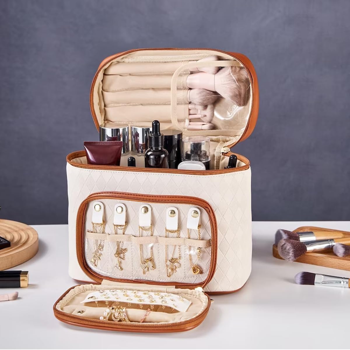 PU Cosmetic Organizer Bag with Jewellery Compartment, Travel Makeup Bag, Vanity Bag for Women for Storage of Cosmetics, Brushes, Toiletries