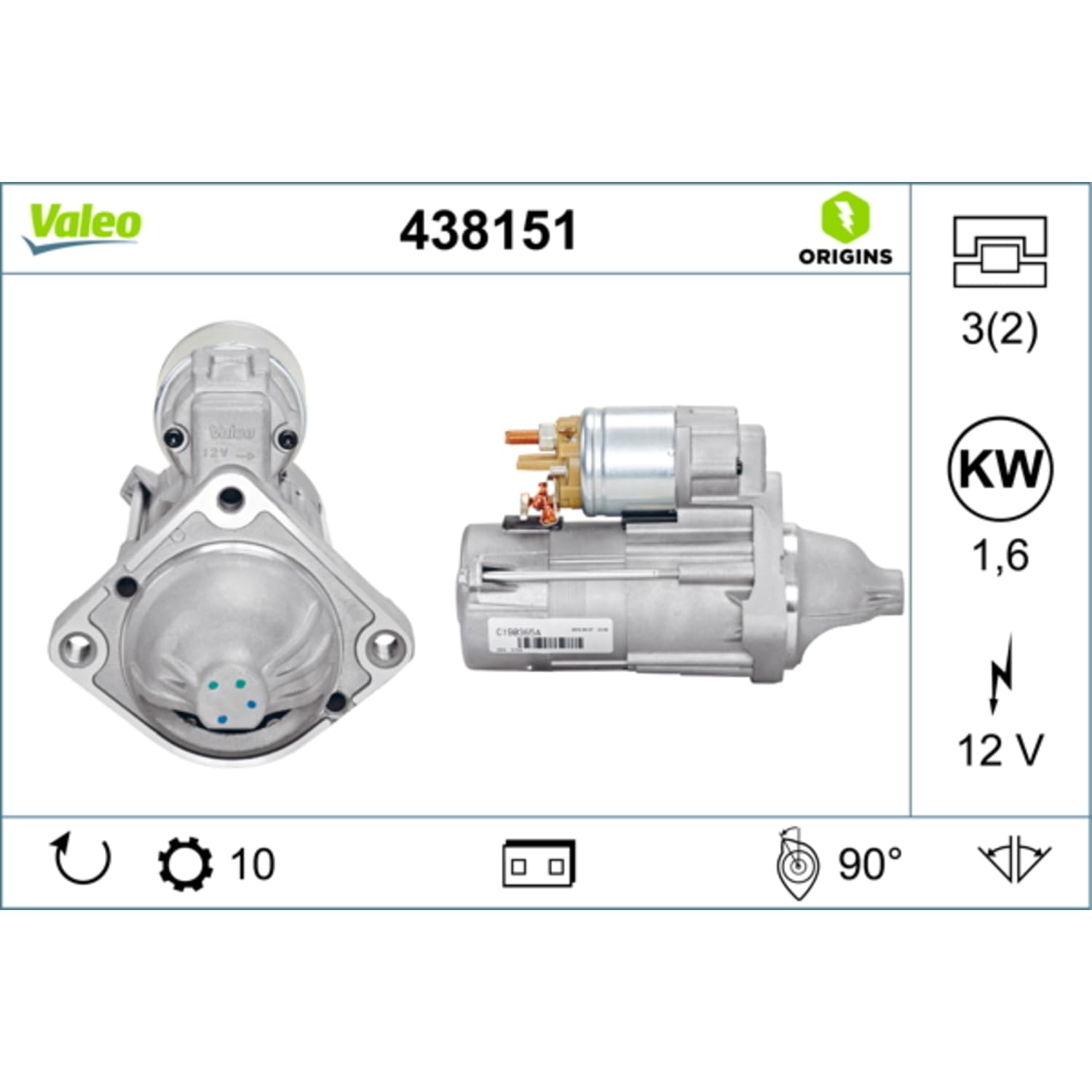 VALEO-438151-Motor de arranque- Potencia nominal: 1,6 kW - Stop & Start: NO - Número de dientes: 10 dientes - Tensión: 12 V - Sentido de rotación: CLOCKWISE