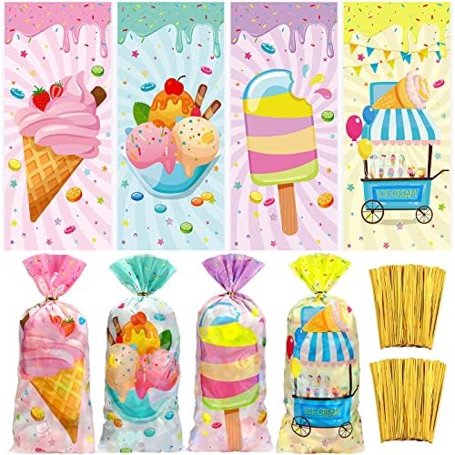 Eaasty 120 Pieces Ice Cream Party Favor Bags, 5 x 11 Inch Four Ever Sweet Goodie Bags with Twist Ties Goodie Cello Wrapping for Ice Cream Theme Party, Baby Shower, Weddings, Valentines image 5