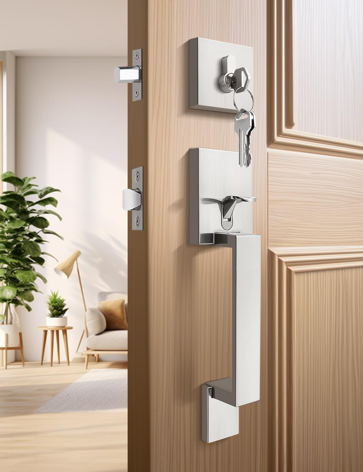 Tinewa San Clemente Satin Nickel Handleset with Single Cylinder Deadbolt, Upgrated Entry Door Lock Set, Adjustable Hole Space, Zinc Alloy & Reversible Handle Lever, 1 Pack