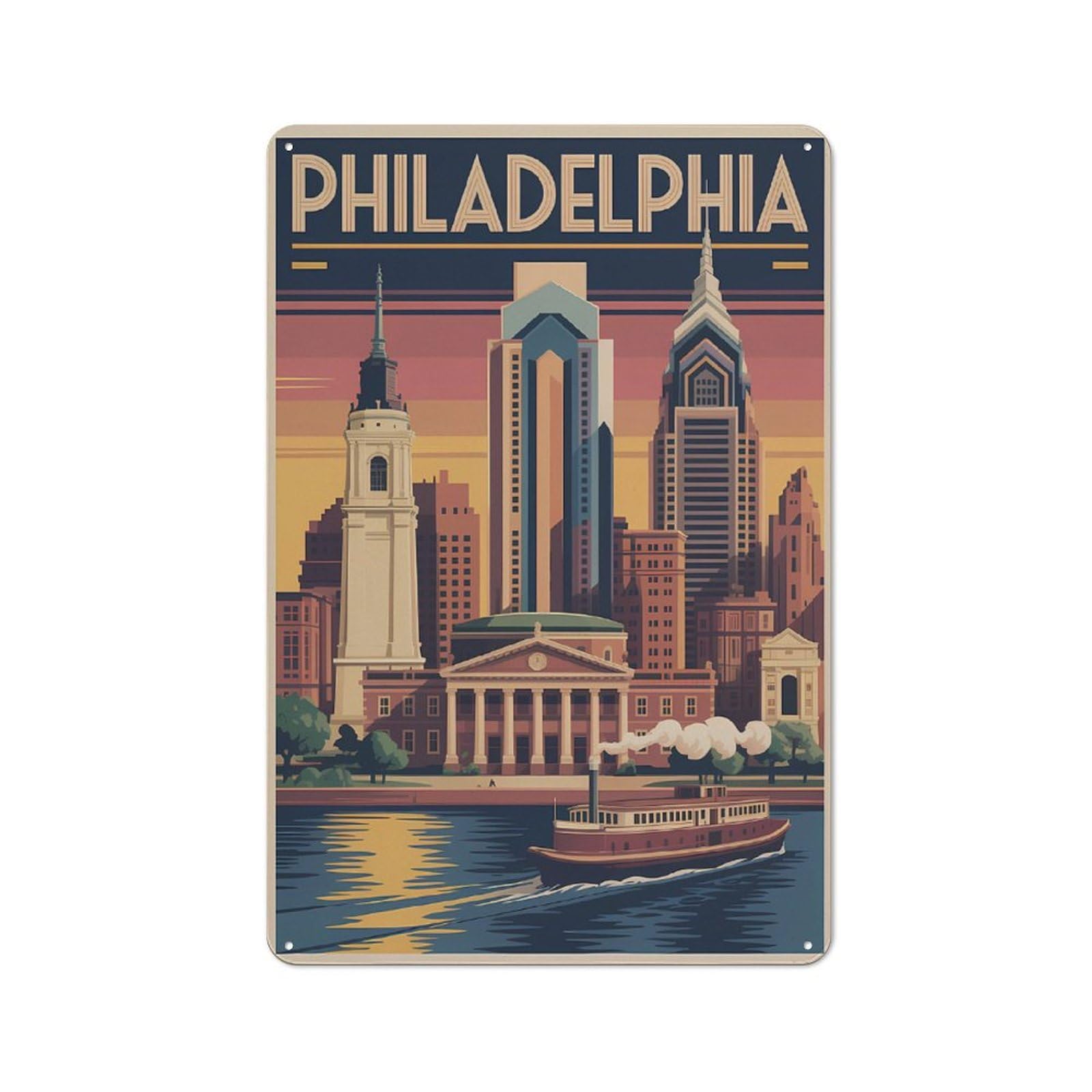 Junmoney Style-15 Metal Wall Sign 30X20cm Featuring Philadelphia Skyline Vintage For Café Or Home Bar, A Decorative Gift For A Newly Furnished Café And Home Bar