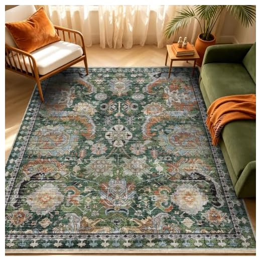RUGSURE Washable Area Rugs - Perfect for Living Room, Bedroom, Kids Room, Nursery - Stain & Water Resistant Non-Slip, Pet & Child Friendly, Vintage Tribal Area Rugs (Green, 5' x 7')