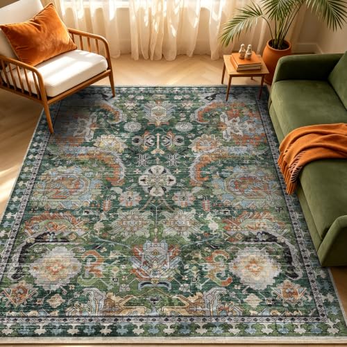 Image of RUGSURE Washable Area Rugs - Perfect for Living Room, Bedroom, Kids Room, Nursery - Stain & Water Resistant Non-Slip, Pet & Child Friendly, Vintage Tribal Area Rugs (Green, 5' x 7')