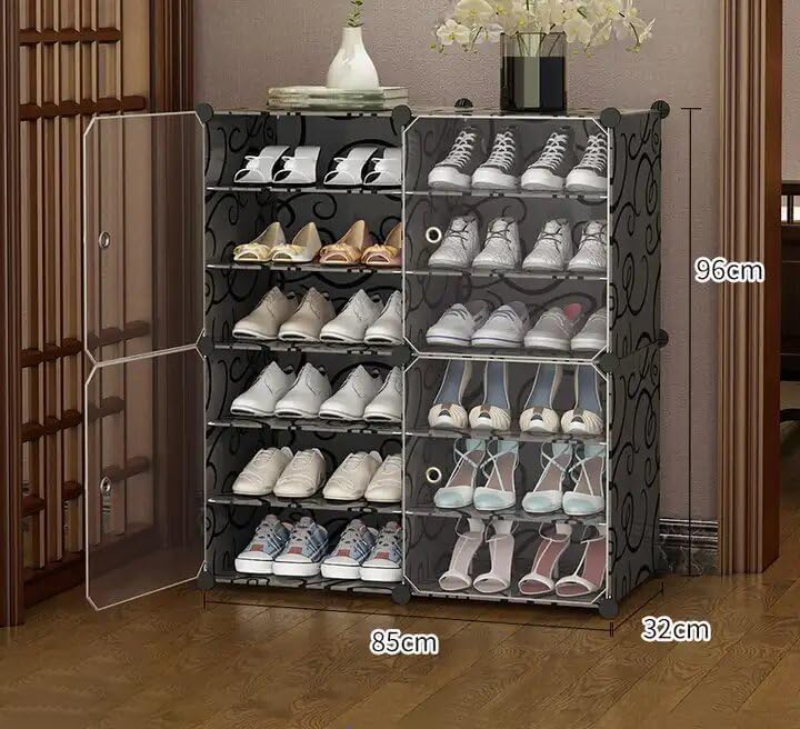 Image of Sunderlook Shoe Rack Plastic for Home- Slipper Stand, Professional Shoe Stand, Chappal Stand, Multipurpose Foldable Standing Comfort Runner Shoe Rack with Door (Black, 12 Shelf 4 Door)