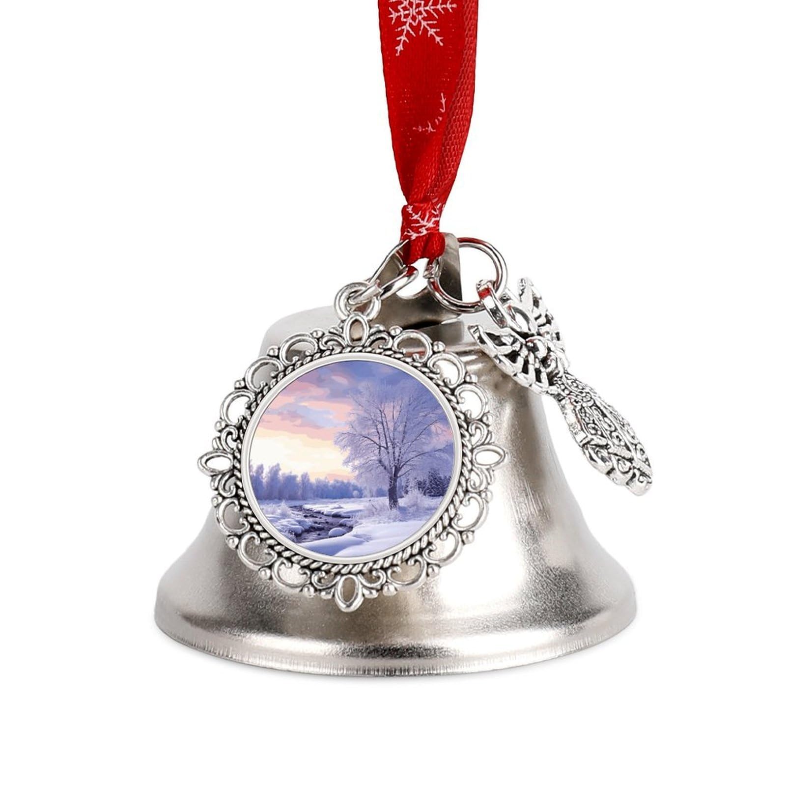 Winter Landscape Bell Ornament Red Ribbon for Christmas Tree Holiday Decoration Personality Believe Bell Ornaments Sleigh Bells for Winter New Year Party Supplies