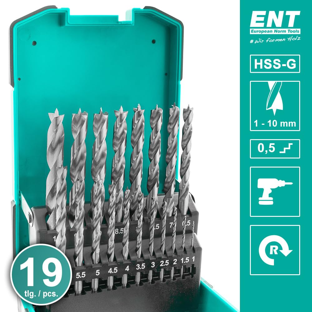 ENT 09219 Jeu de 19 Forets à Bois HSS - 1-10 mm - par Gradations de 0.5 mm