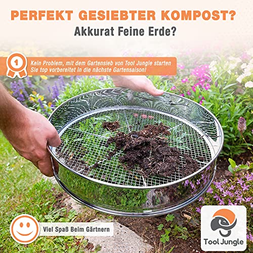 Tool Jungle- Gartensieb aus Edelstahl - inkl. 5 Siebeinsätze Ø 3,5,8,9,12mm – Kompostsieb Witterungsbeständig – mit zusätzlicher Querstrebe für mehr Halt