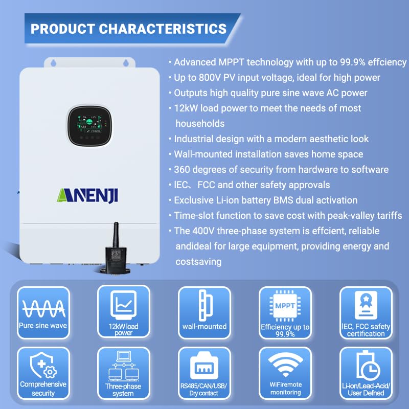 12000W Hybrid Wechselrichter All-in-One, Single-Phase und Three-Phase 48V DC zu 230V/400V AC, Mit Eingebautem 260A MPPT Solar Laderegler, Kompatibel für Bleisäure und Lithium Batterien