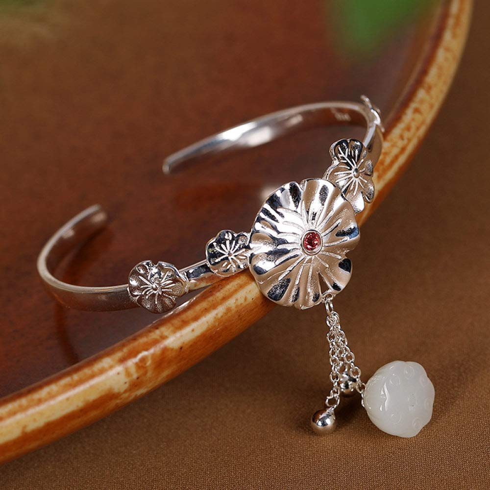 S925 Vintage Pulsera De Plata para Mujeres Hombres Jade Lotus Borla Apertura Simple Y Sencillo Estilo Chino Personalidad Creativa Encanto Hermoso Regalo