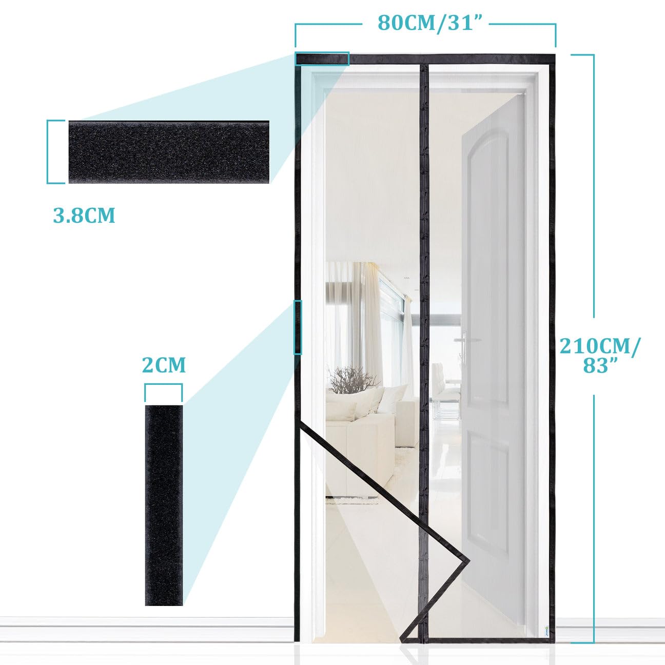 Apalus Prime Zanzariera con Magneti per Porte, 80x210 CM - Rete Fine, Tenda Totalmente Magnetica, si Chiude da Sola - Non Accorciabile (Prime Nero)