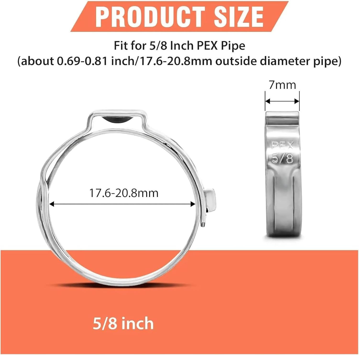 60pcs 5/8 inch PEX Cinch Clamps Rings 304 Stainless Steel Single Ear Hose ClampPEX Tubing Pipe Fitting