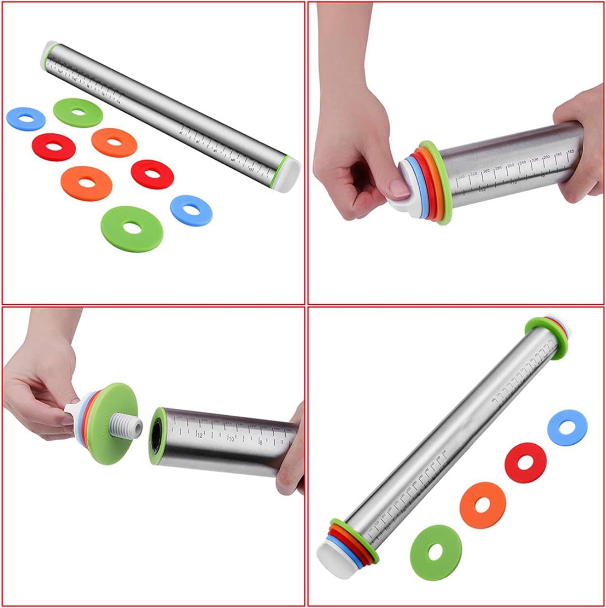 Juego de rodillos y alfombrillas de silicona para hornear pasteles, rodillo de masa de acero inoxidable, rodillos con anillos de espesor ajustables-traje