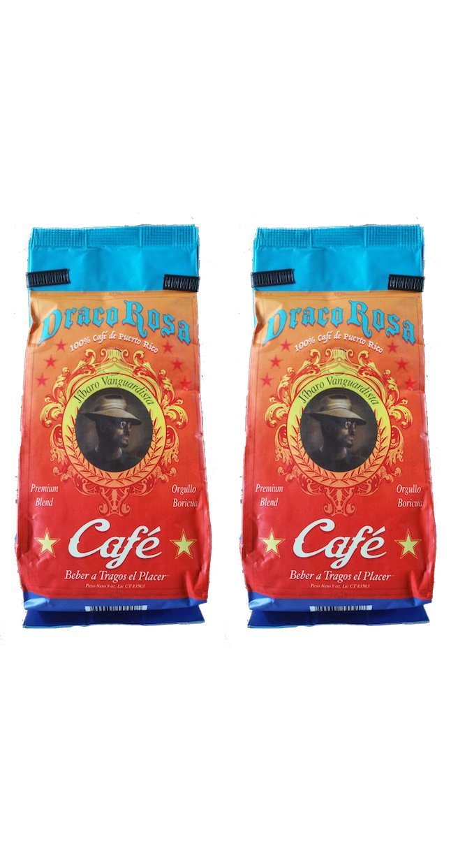 Draco Rosa Organic Ground Coffee from Puerto Rico (2 Bags of 8 Ounces) - Includes 2 Envelopes of Sason Accent