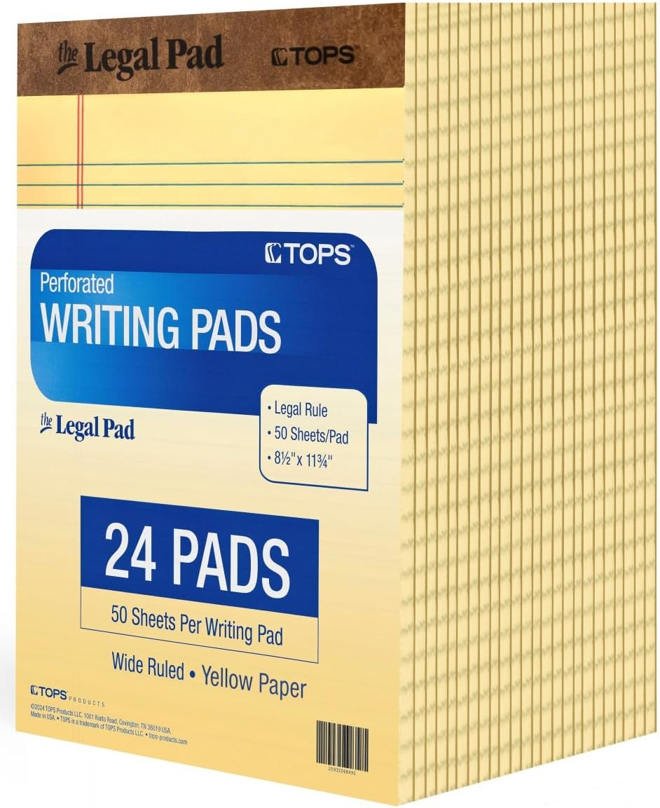 Tops The Legal Pads 8.5 X 11 - Pack of 24 Yellow Wide Ruled Notepads - 50 Sheets Per Pad - Made in the USA