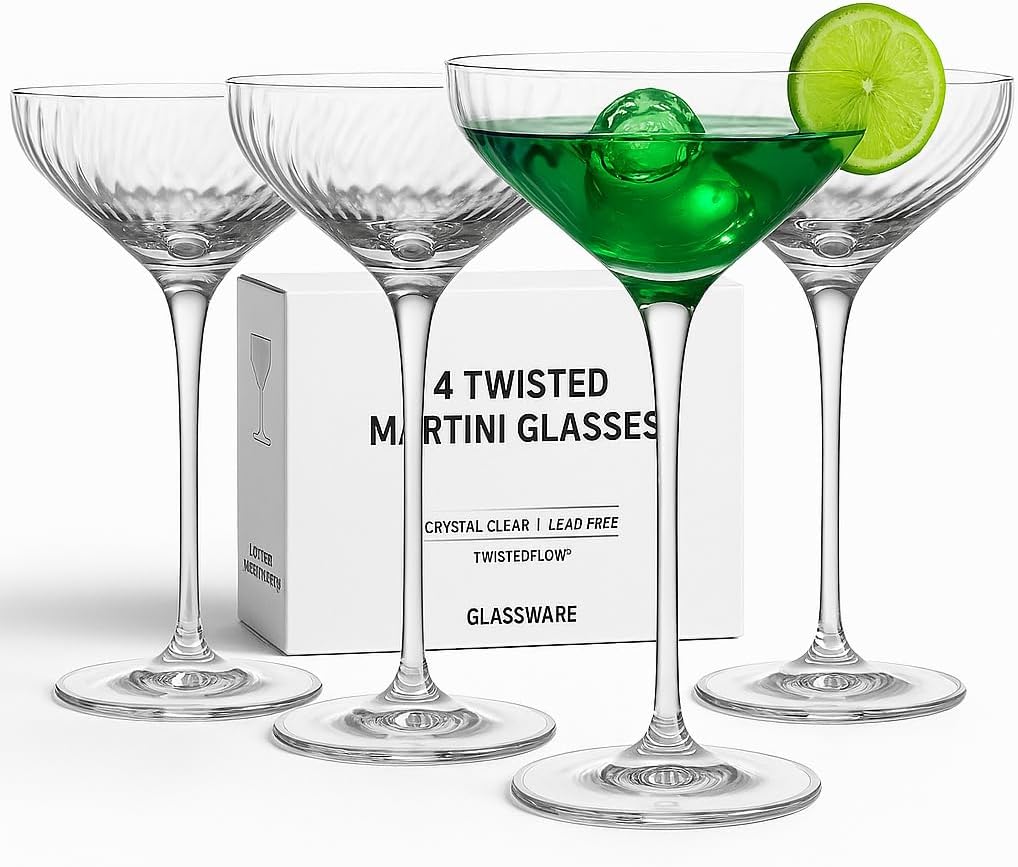 Twistedflow Martini Crystal Glasses Set of 4 – Elegant 7 oz Stemmed Cocktail Glasses with Unique Twist Design – Barware for Martinis, Cosmopolitans & Craft Cocktails, Premium gift box, Lead-Free