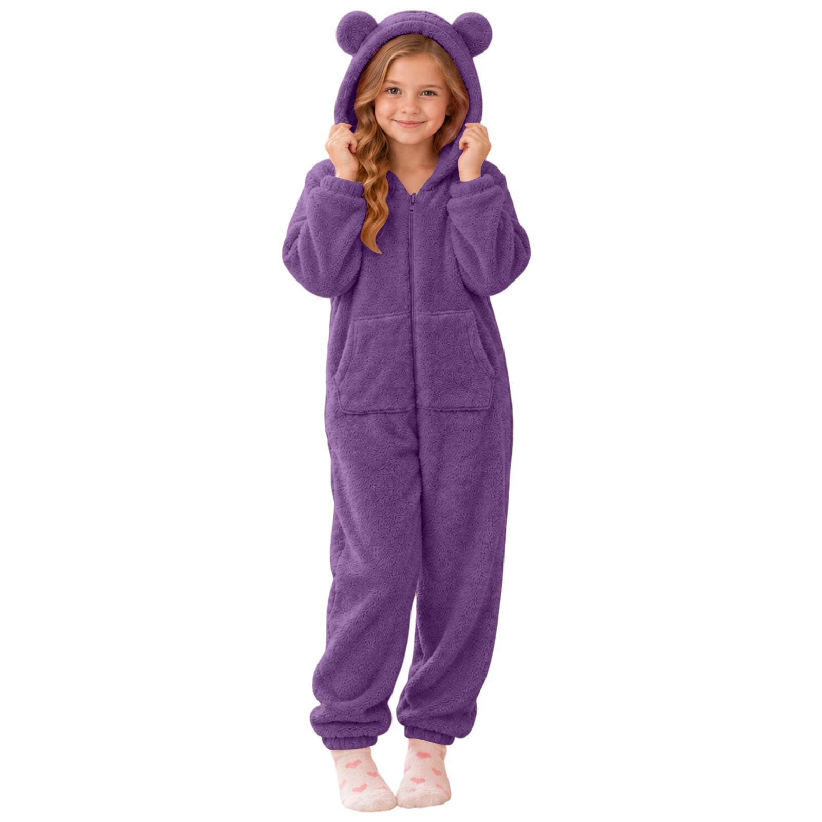 Girls Animal Onesie Fleece Fuzzy Warm Sherpa Bed Jumpsuit with 3D Hood