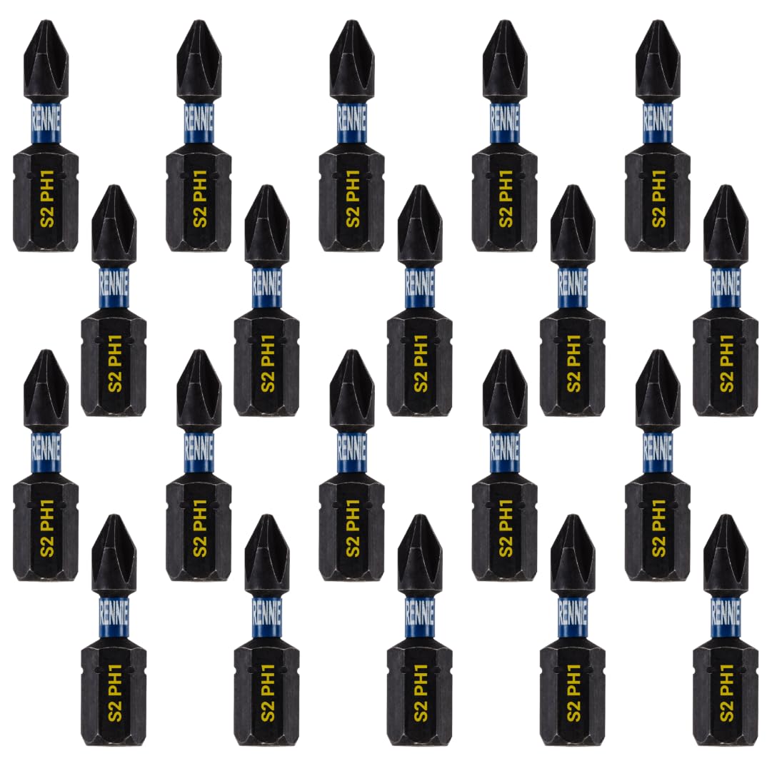 20 x Rennie Tools 25mm PH1 Impact Screwdriver Driver Bits Set. Phillips No.1 Heavy Duty Impact Driver Bit Set. PH1 Bits. Hex Shank, Cross Head. Black Oxide Coated