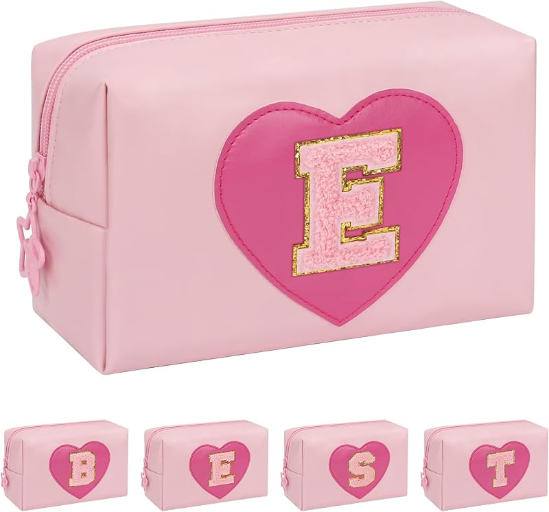 Necessaire de maquiagem retangular onemoky com estampa de letra, zíper e forro de nylon, Z#Pink com padrão de coração