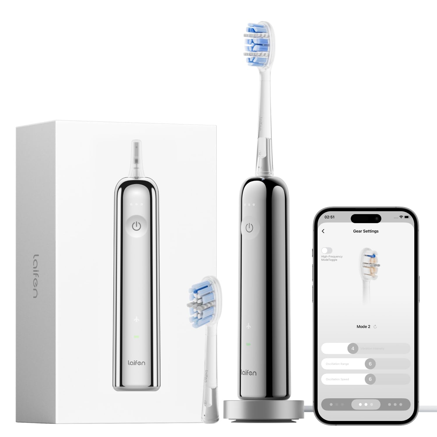 Laifen Wave Pro Cepillo Eléctrico Sónico, Autonomía 70 Días, Acero Inox | Sistema de Limpieza de Doble Modo, Sensor de Presión Inteligente, Tecnología WaveMotion de 60°, IPX8, Ajustes desde la App
