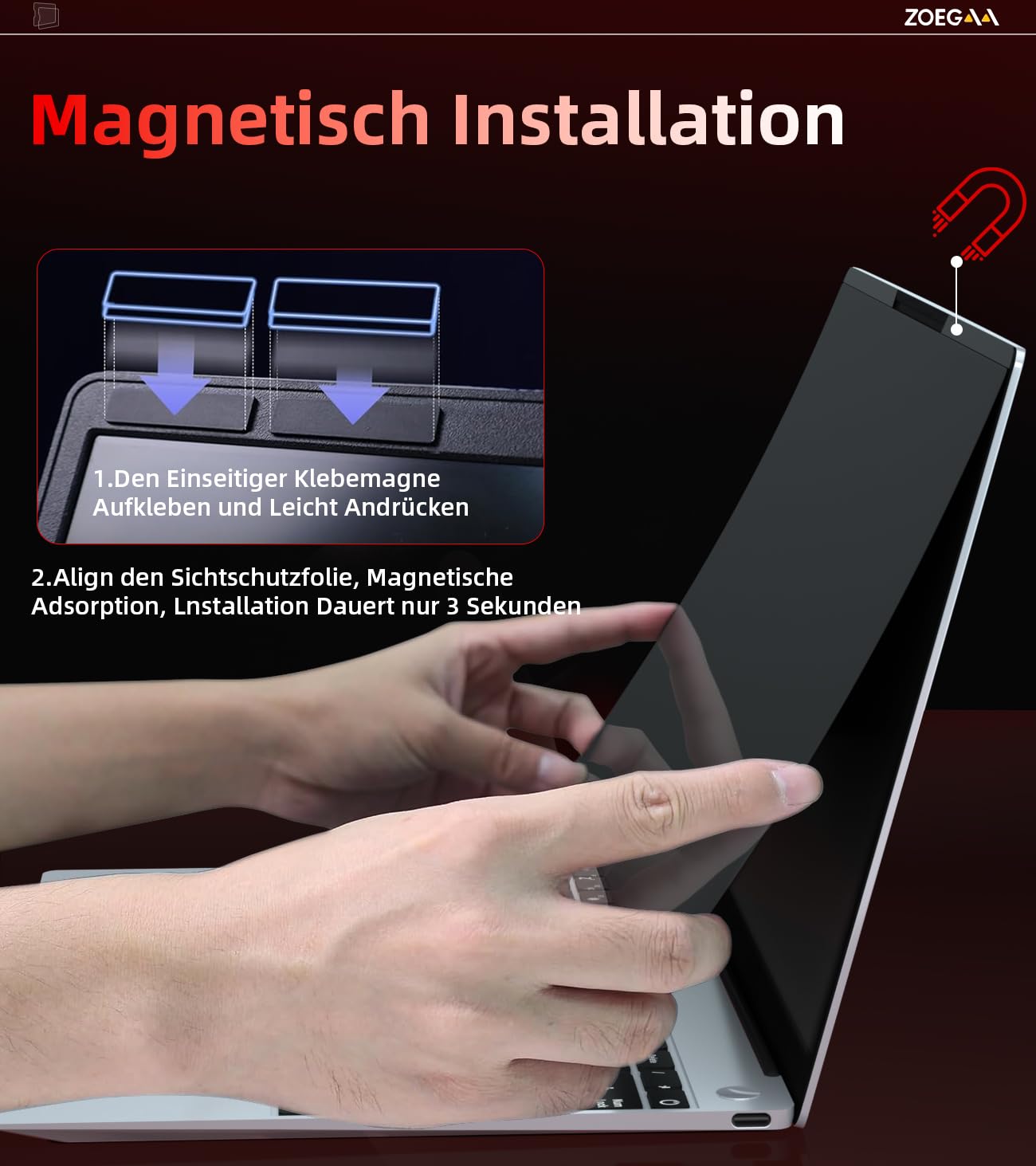 ZOEGAA Magnetischer Laptop Sichtschutz 15.6 Zoll Seitenverhältnis 16:10 für Lenovo Hp Dell Acer Asus, Abnehmbarer Anti Blaulicht Sichtschutzfolie Blickschutzfolie 15,6 Entwickelt&Produziert von ZO