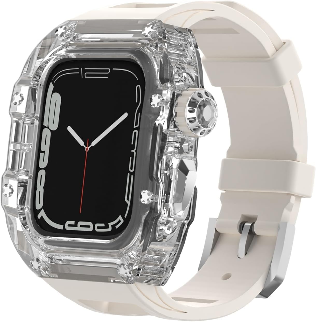 44mm 45mm Transparent Watch Case Rubber Band，For Apple Watch 9 8 7 6 5 4 SE Series Replacement，Sport Straps Clear Cover Watch Case Metal Crown Mod Kit Accessories