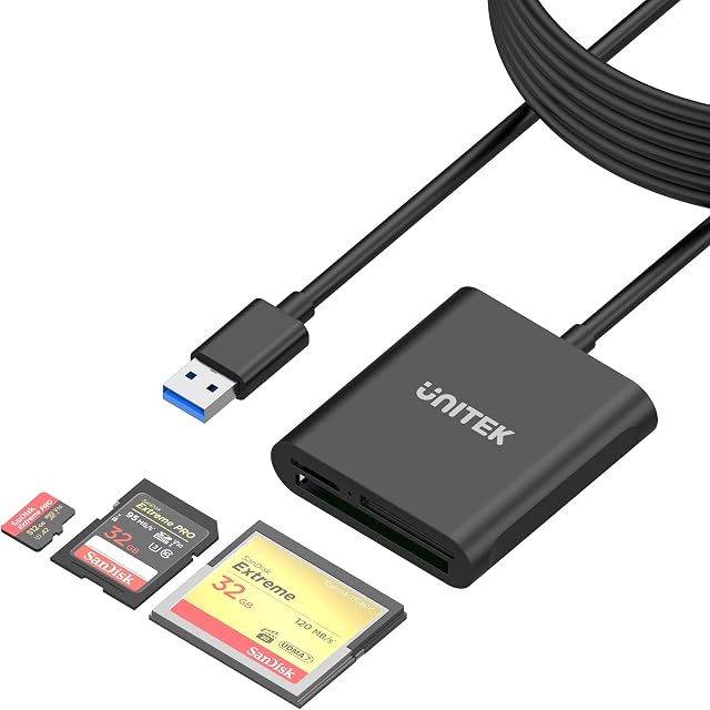 Unitek USB Card Reader 3-Slot USB 3.0 Compact Flash Card Reader, Read 3 Cards Simultaneously, Aluminum Memory Card Adapter CF, TF, SDXC, SDHC, SD, Micro SDXC, Micro SD, Micro SDHC- 4FT (Black)