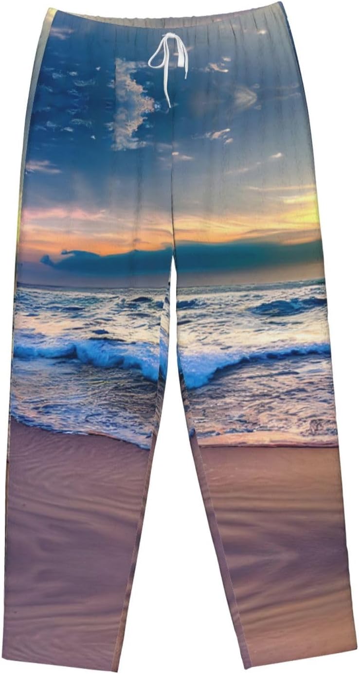 Serene Seaside Sunset Print Cozy Flannel Pajama Pants For Women,Warm Christmas Pj Pants,Cute Fleece Pajamas