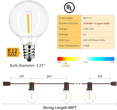 Miniatura 5 de Paquete de 2 tiras de luces para exteriores de 100 pies, tira de luces LED G40 regulables con 52 bombillas transparentes inastillables, aprobación