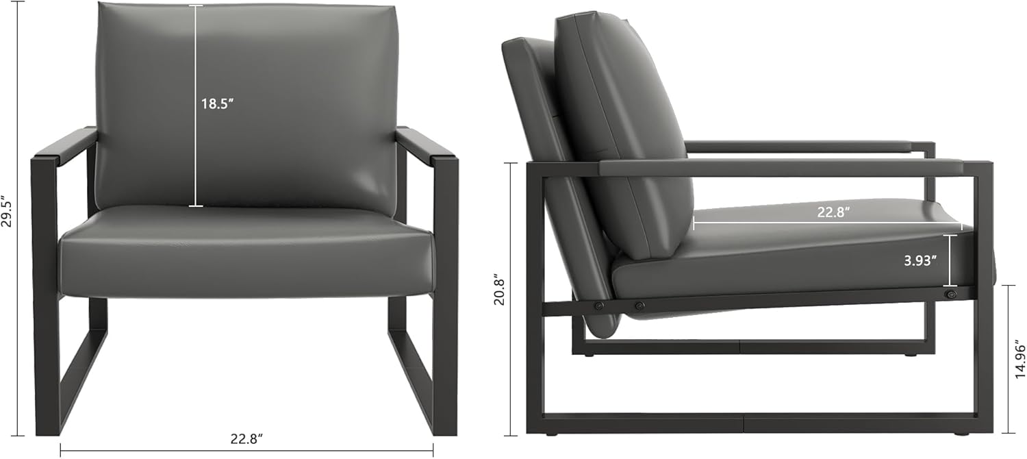 AWQM Leather Accent Chair Set of 2 Sofa Chair Extra-Thick Padded Backrest Seat Cushion Single Sofa Bedroom, Black Metal Frame, 105 Degree Slant Back-Grey（Set of 2）
