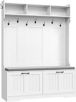 HOOBRO 47" White Hall Tree with Bench, Shoe Cabinet, 9 Hooks & Adjustable Shelves - Entryway Storage Organizer WT120MT01