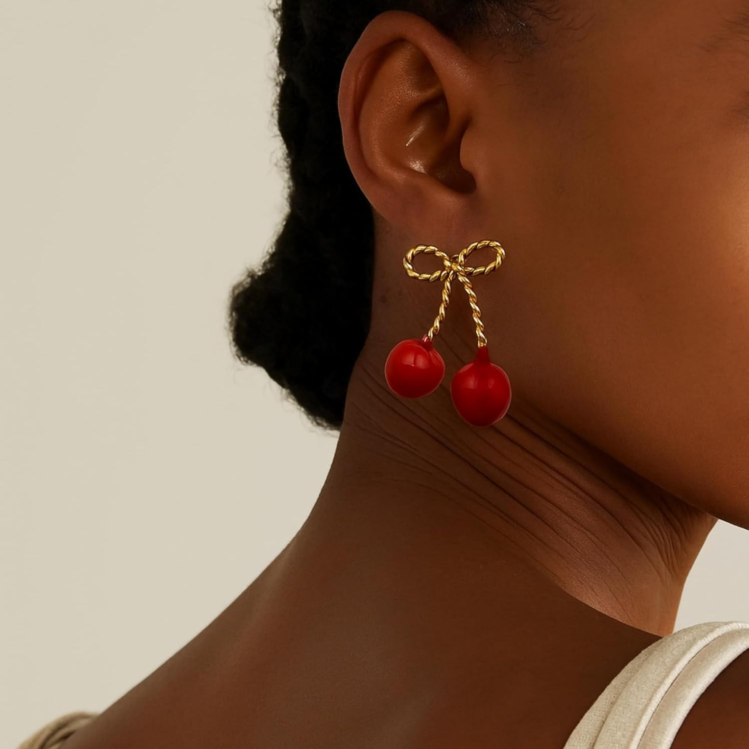 Cherry Dangle Earrings for Women, Cute Red Fruit Drop Earrings, Statement Jewelry, Fun and Quirky Gifts, Lightweight Gold Fruit Accessories - Image 6