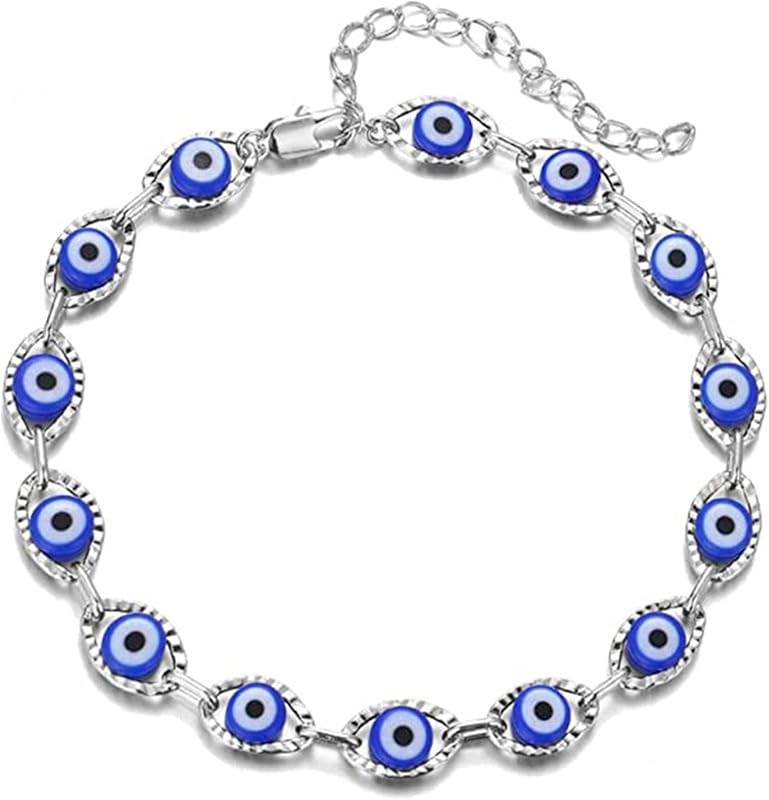 COLORFUL BLING Lucky Turkish Blue Evil Eye Bead Bracelet Adjustable Link Chain Bracelet for Women Men Best Friend Protection Prayer Good Luck Jewelry Christmas New Year Gift