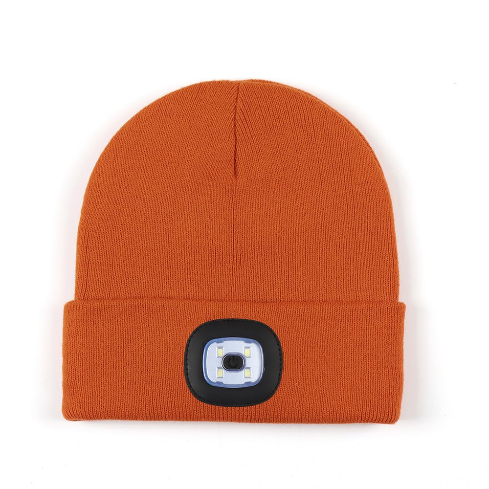 Unisex LED Beanie with Light, USB Rechargeable Hands Free LED Headlamp Hat, Knitted Night Light Beanie Cap Flashlight Hat, Orange, One size
