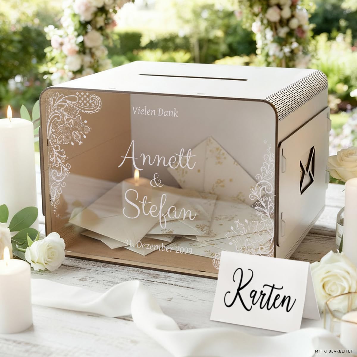 Kartenmachen.de Personalisierte Hochzeit Geschenkkartenbox Rustikal mit Lasergravur Weiß, 34x22cm Groß, Stecksystem, HDF und Acrylglas, Vorderseite transparent