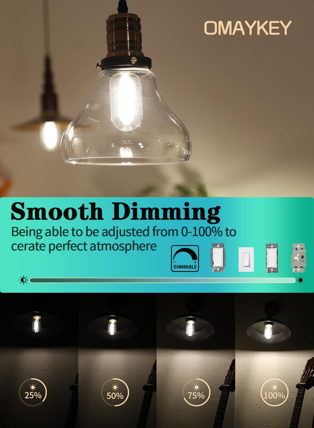 OMAYKEY 5W Dimmable LED Tubular Bulb 4000K Neutral White, 60W Equivalent 600 Lumen E26 Base, Vintage Edison Tubular T45 / T14 Clear Glass LED Filament Light Bulbs, Pack of 8