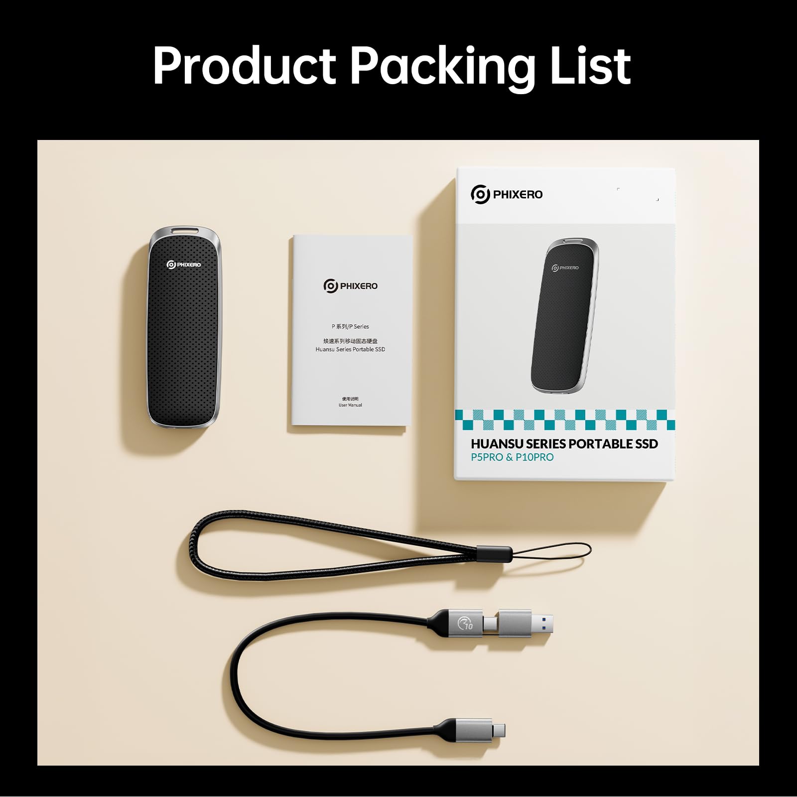 PHIXERO P10PRO Externe NVMe SSD 1To jusqu'à 1050Mo/s, USB 3.2 Gen2, Con Câble USB C 2-en-1, Disque Dur Portable pour iPhone 15+/Android/Windows/Mac, Noir
