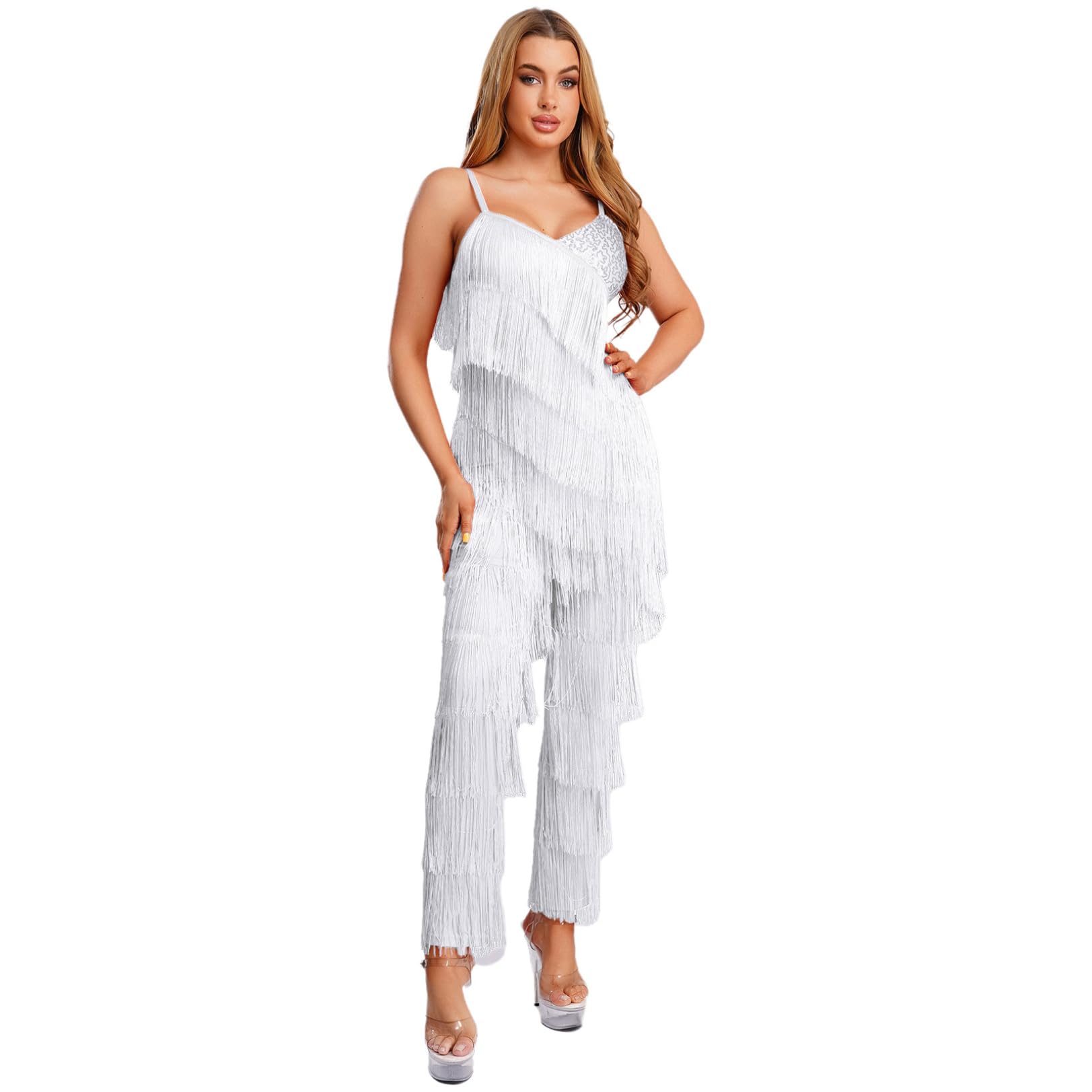 renvena Mono largo para mujer, con flecos, sin mangas, con purpurina, para bailar, competición, danza, outfi