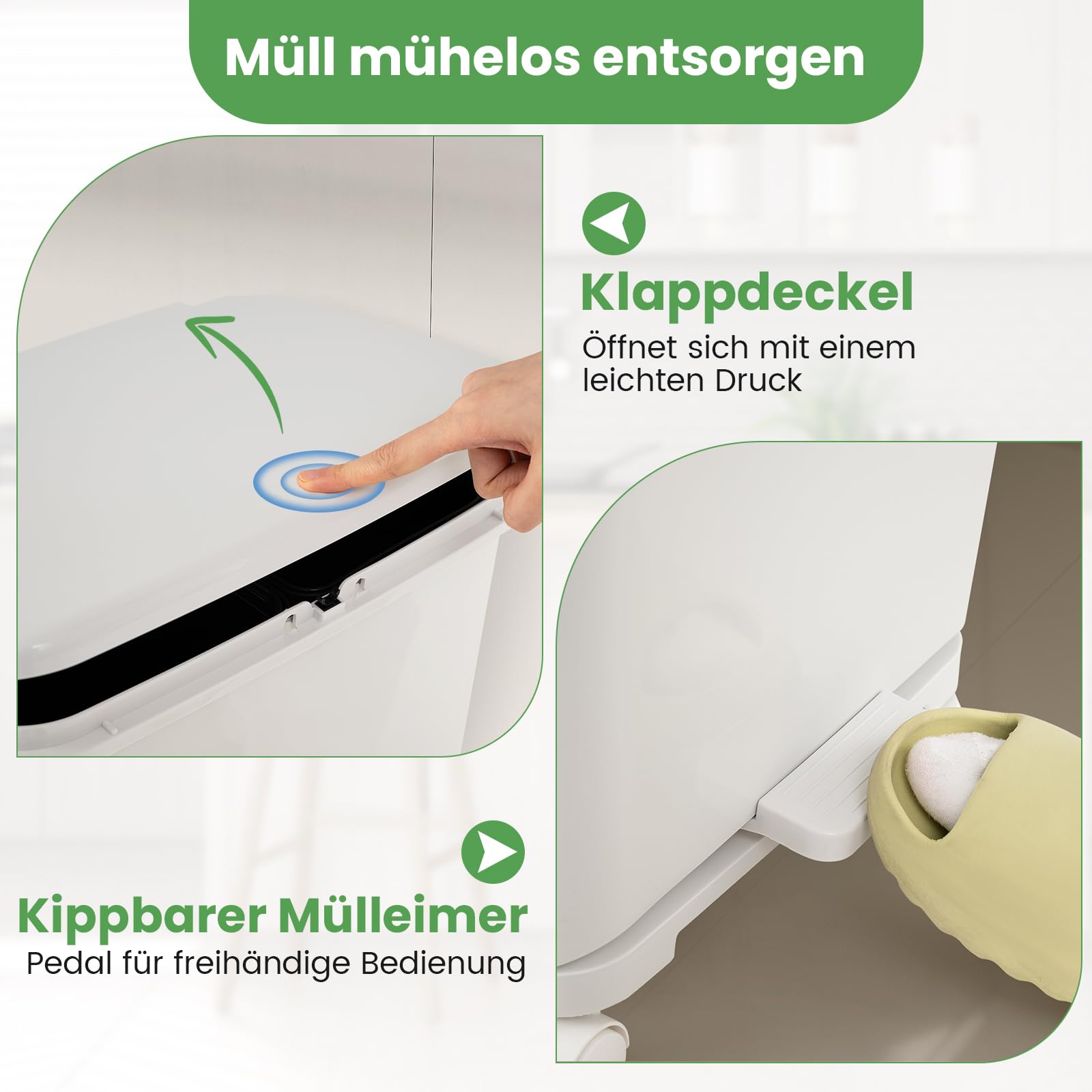 GOPLUS Mülleimer 3 Fächer, 36 L Abfalleimer Küche mit Rollen, Tretmülleimer mit 2 herausnehmbaren Behältern, seitliche Griffe & Aufkleber, Mülltrennsystem mit Deckel für Badezimmer, Küche, Büro, Weiß