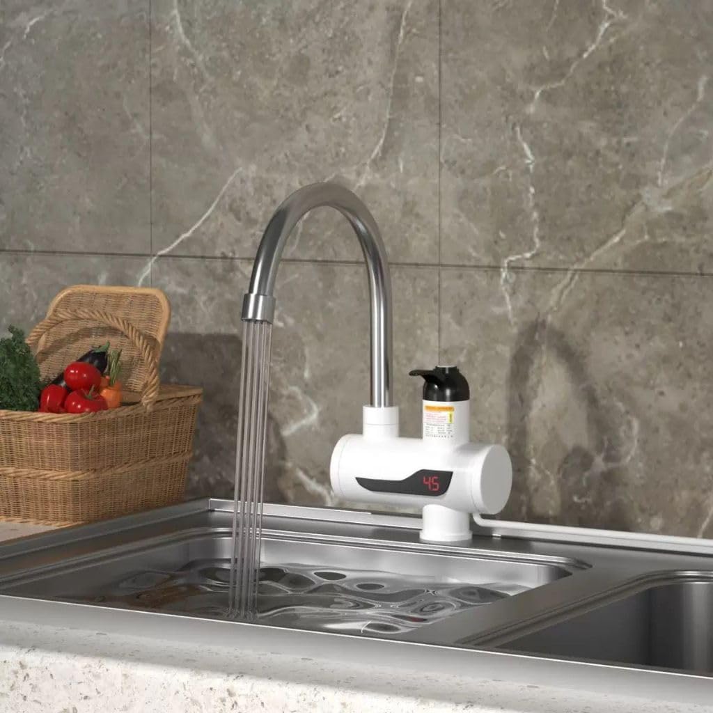 Diagram showing detailed dimensions and technical specifications of the Genérico Instant Electric Heated Faucet, including product name, material, water pipe diameter, heating tube material, cable section, heating temperature range, cable length, nominal voltage, working pressure, nominal power, and protection class.