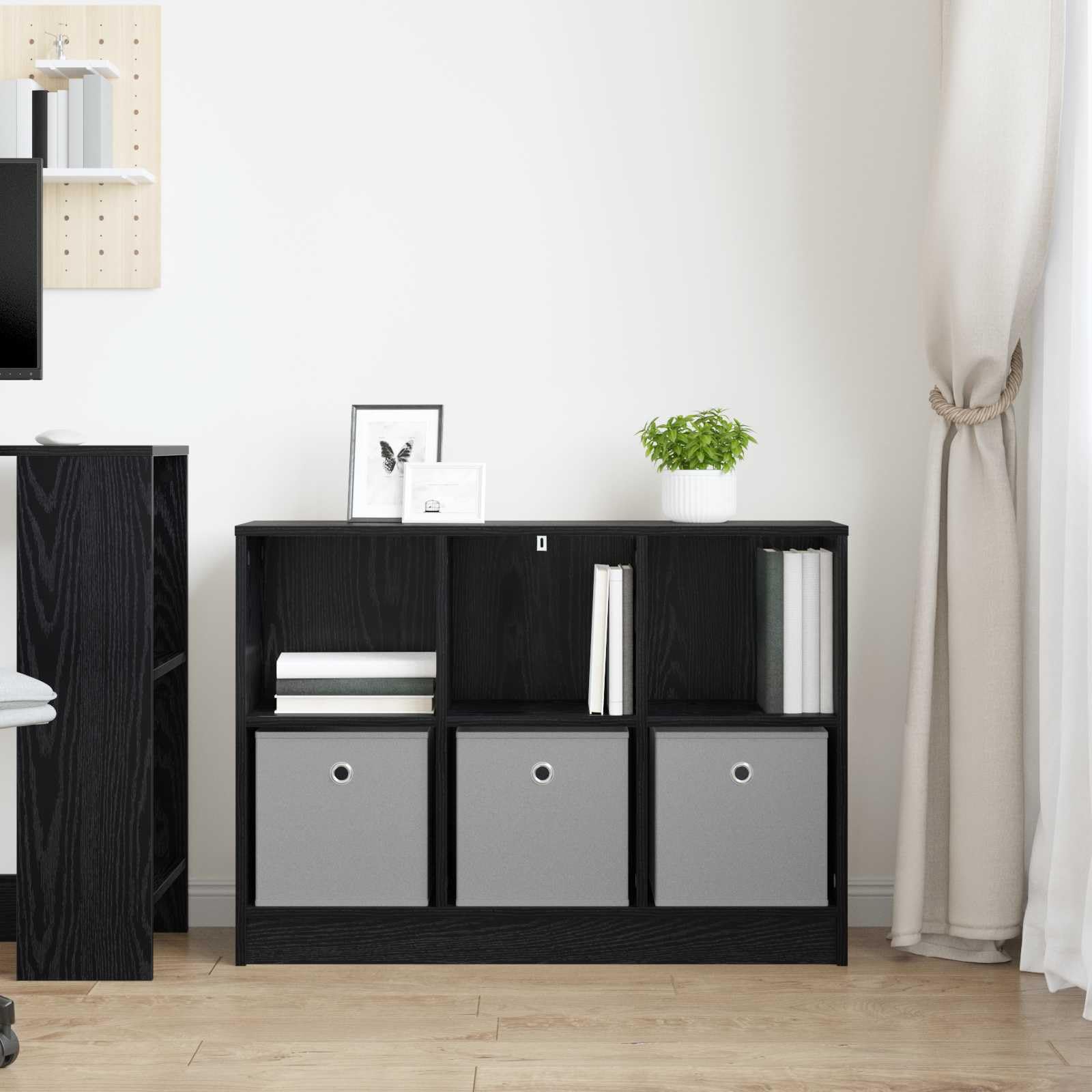 Buffet noir aspect chêne 88,5 x 27,5 x 63,5 cm avec 3 tiroirs, beaucoup d'espace de rangement pour salon, couloir, bureau, salle à manger et cuisine