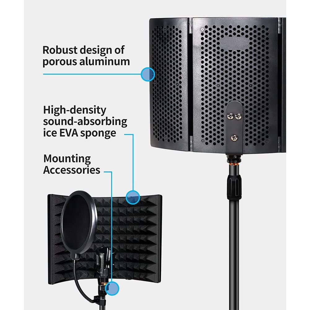 Mikrofonisolationsschild 3/5-Panel-Popfilter aus Metall, faltbares tragbares Mikrofon schallabsorbierender Schaumstoff Tisch-Akustikgehäuse für Studio-Gesangsaufnahmen, Podcasts, Gesang, Rundfunk