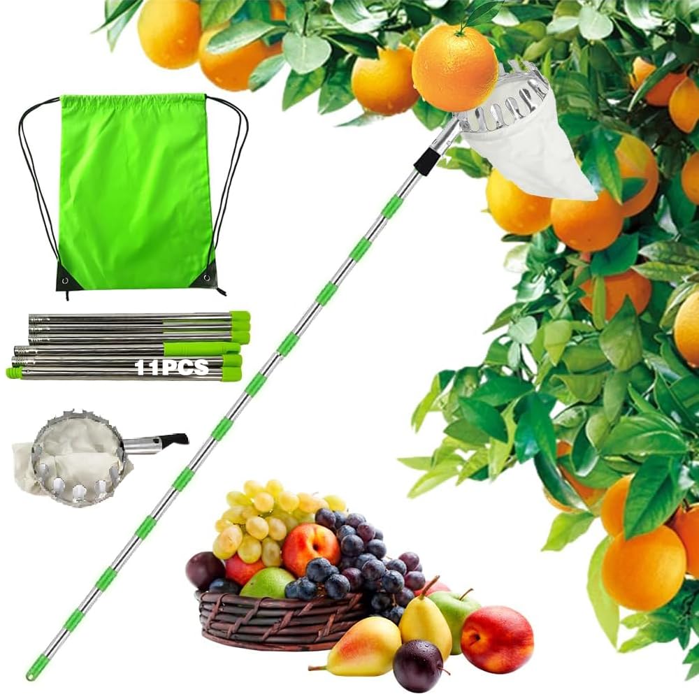 TUIBEIDAMAI Recogedor de frutas con mango telescópico de 4,25M, recogedor de manzanas de diámetro 16 cm, recogedor de cerezas con bolsa de algodón, recogedor de frutas de acero inoxidable para cerezas