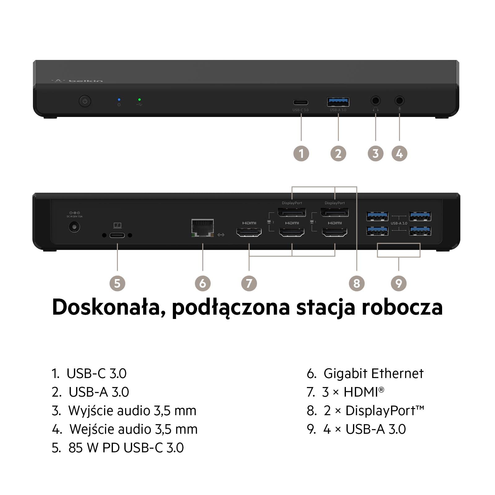 Belkin stacja dokująca, USB-C hub, DisplayLink dock z obsługą 3 monitorów, 3x HDMI, 2x DisplayPort, rozdzielczość 4K, Power Delivery 85 W, Gigabit Ethernet, mikrofon/głośnik 3,5 mm, 1x USB-C, 5x USB-A