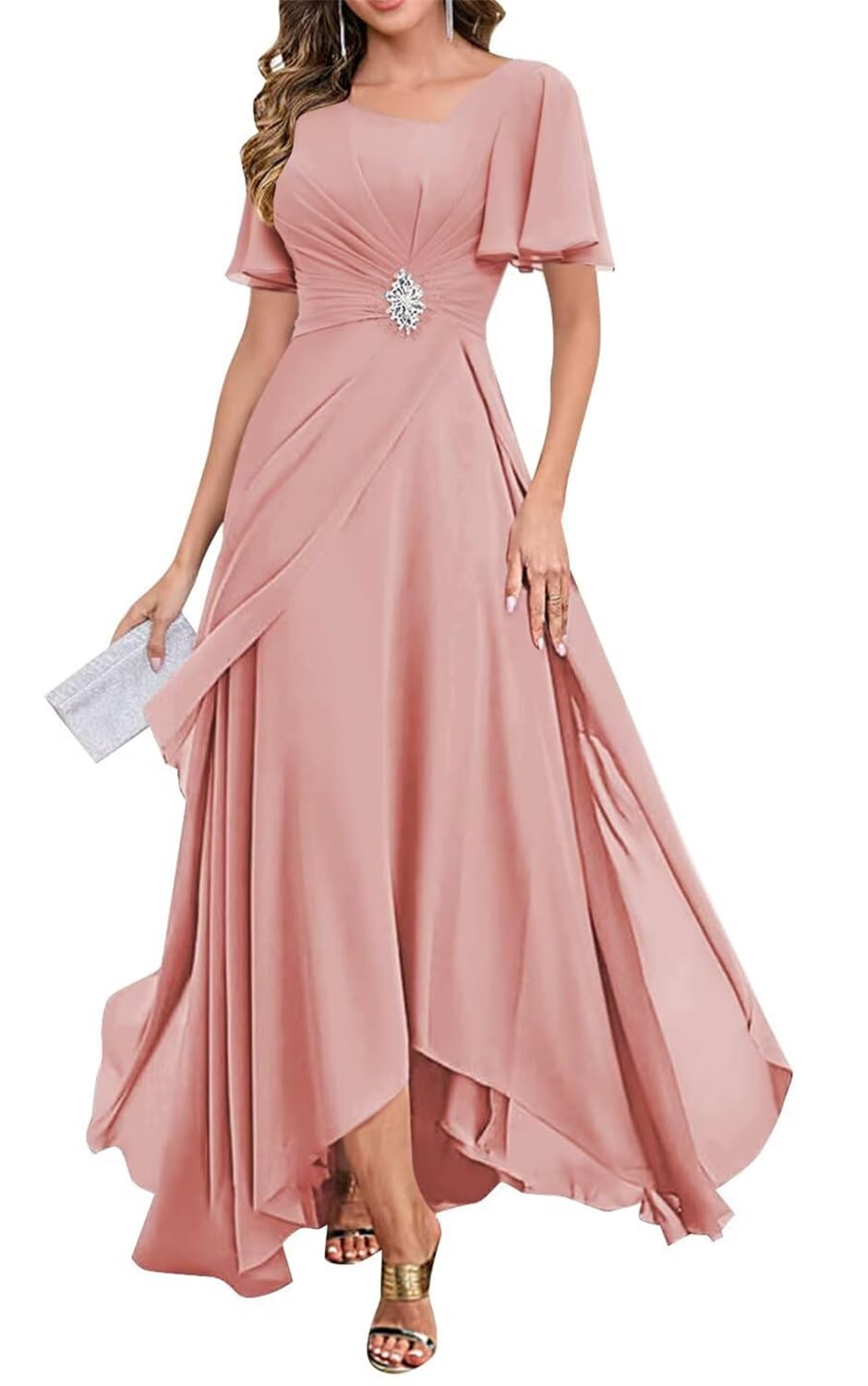 Yiann Women's Dusty Rose Mother Of The Bride Dresses For Wedding Floor Length Short Sleeve Chiffon Formal Dress Evening Gown Uk20