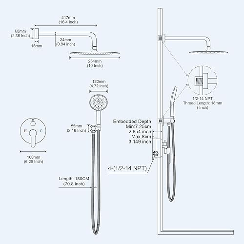 Miniatura 6 de Baetuy Juego de grifo de ducha, sistema de ducha de lluvia con cabezal de ducha de alta presión de 10 pulgadas y 3 ajustes de cabezal de ducha de