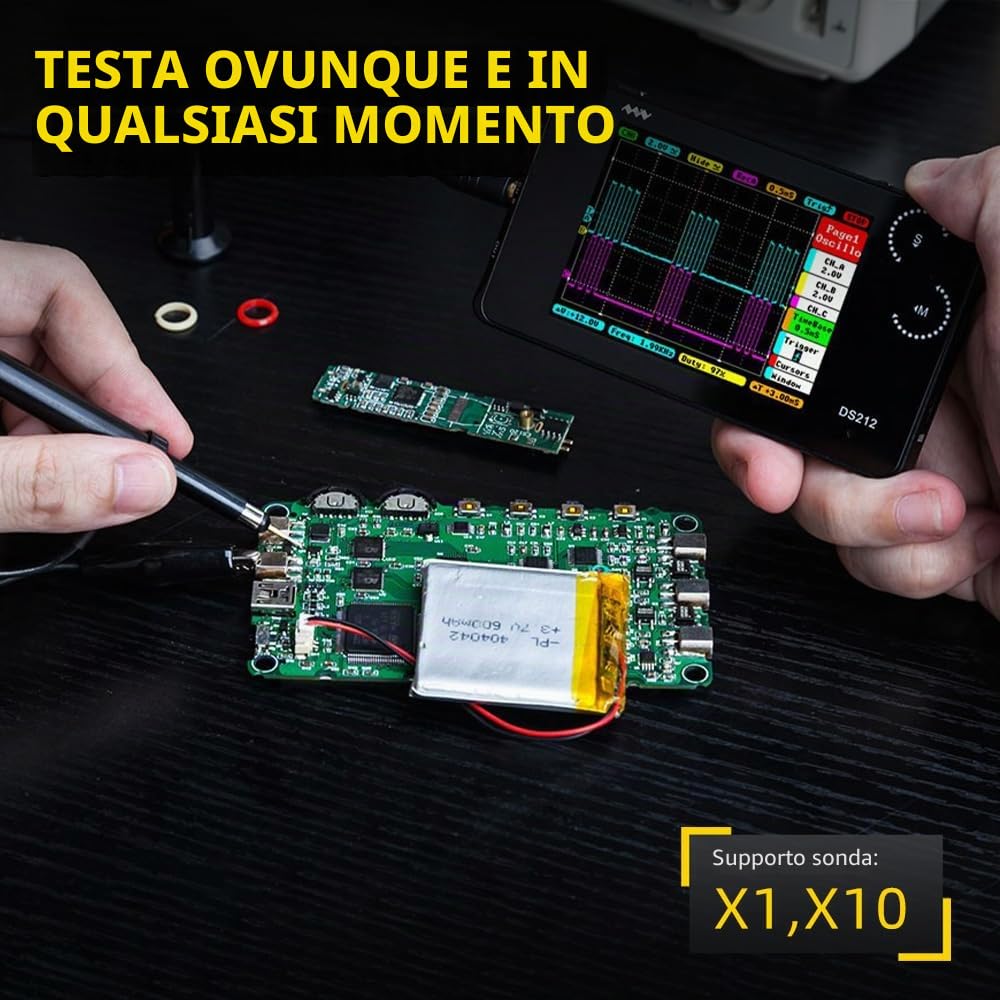 MINIWARE Oscilloscopio Tascabile DS212, Portatile Ridotte Palmare, Batteria Ricaricabile Incorporata, 2 Canali, Larghezza di Banda 1 Mhz, Oscilloscopio Entry Level per Principianti