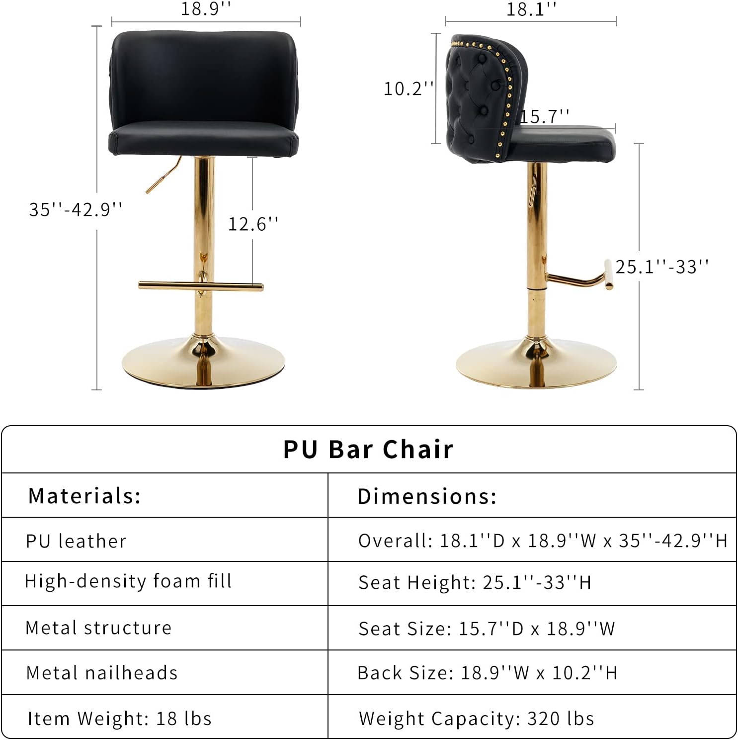 ODUSE-DAILY Swivel Bar Stools Set of 2, PU Leather Bar Stools with Back, 25"-33" Counter Height to Bar Height Adjustable Stool Chairs, for Kitchen Island Pub Dining Room (2Pcs, Black)